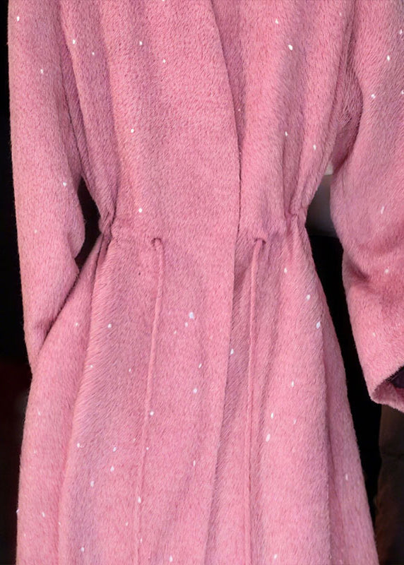 Pink V Neck Sequins Drawstring Coat Fall