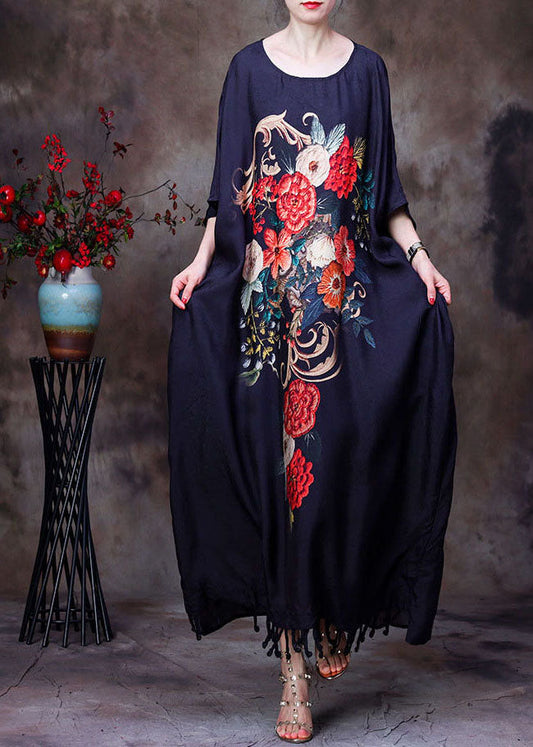 Loose Black O-neck Tassel Print Silk Long Dress Gown Batwing Sleeve