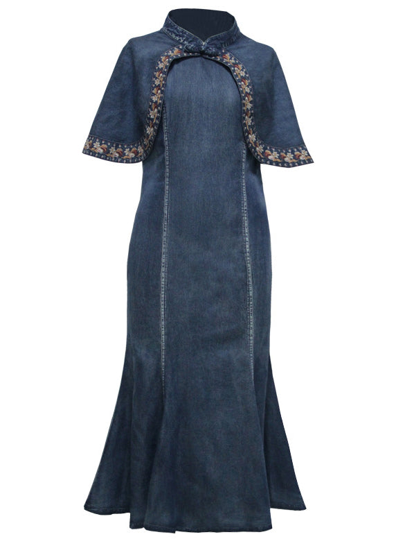 Blue Mandarin Collar Ruffled Cotton Long Denim Dress Cloak Sleeve