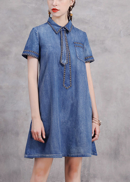 Blue Peter Pan Collar Necktie Embroideried Cotton Denim Dresses Short Sleeve