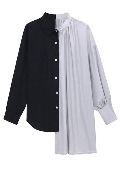 Black Patchwork Button Asymmetrical Design Fall Long Sleeve Shirt Top