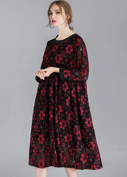 Red Loose O-neck Spring Party Dress Long Sleeve