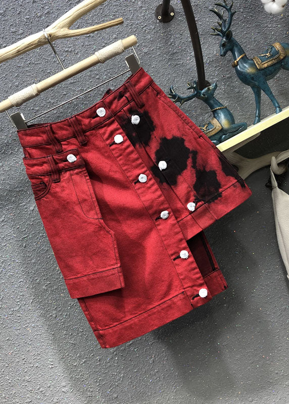 Red High Waist Patchwork Button Asymmetrical Denim Skirt Summer