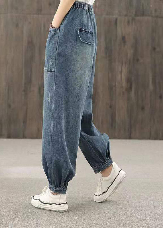 Blue Elastic Waist Big Pockets Patchwork Cotton Denim Harem Pants Summer