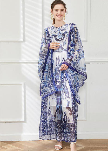 Blue O-neck Print Chiffon Maxi Dress Cloak Sleeves