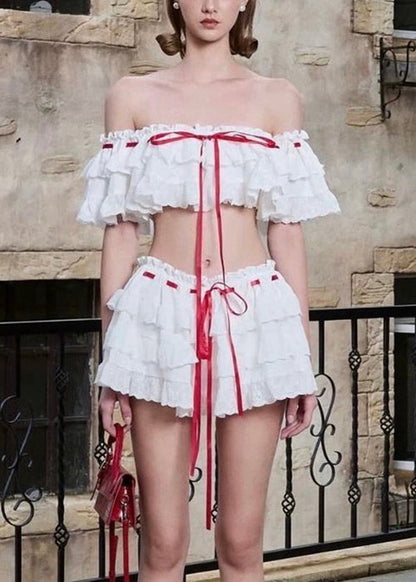 White Ruffled Lace Up Cotton Two Piece Set Summer