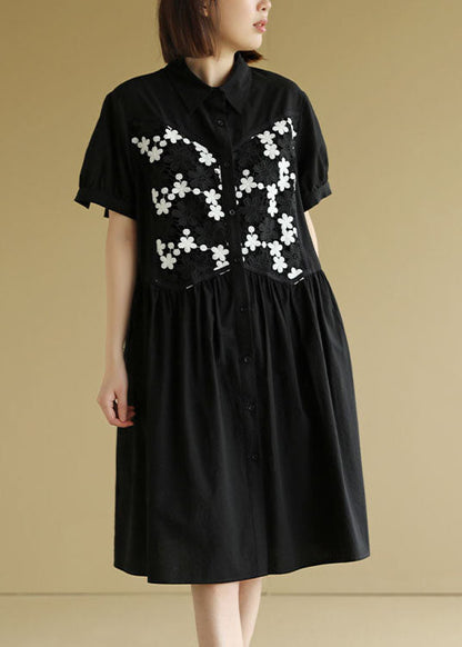 Black Button Peter Pan Collar Embroideried Cotton Shirt Pleated Dress Short Sleeve
