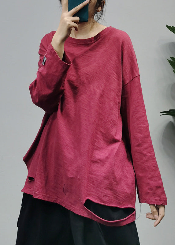 Modern White O-neck Hole Patchwork Cotton Top Long Sleeve