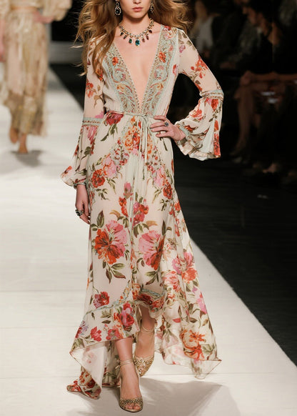 V Neck Print Loose Cotton Dresses Flare Sleeve