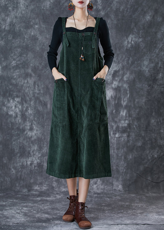 Blackish Green Oversized Pockets Corduroy Strap Dress Fall