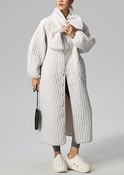 Loose Light Grey Button Scarf and Long Parka Cotton Filled Two Pieces Set Winter