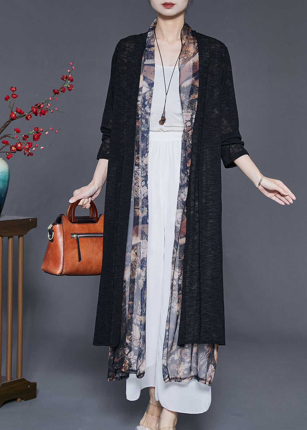 Black Oversized Patchwork Silk Long Cardigan Summer