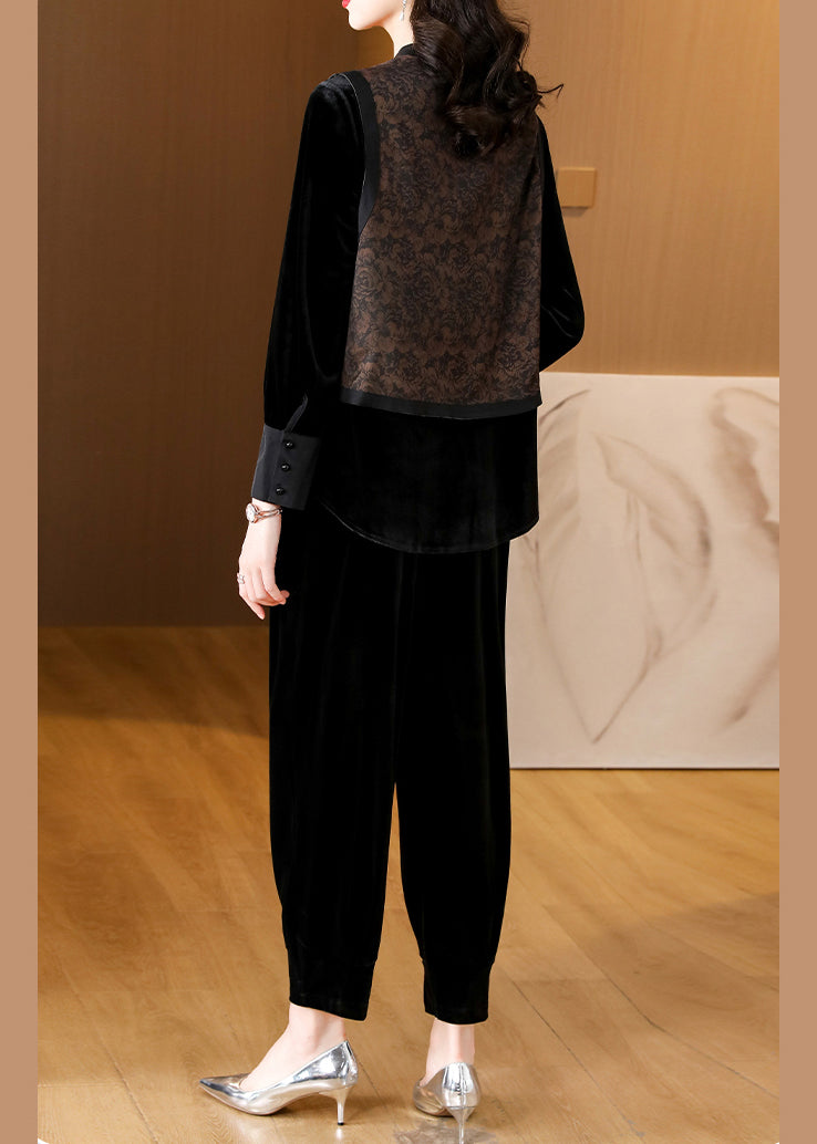 Black O-neck Print Silk Velour Shirts and Harem Pants Two Pieces Set Fall