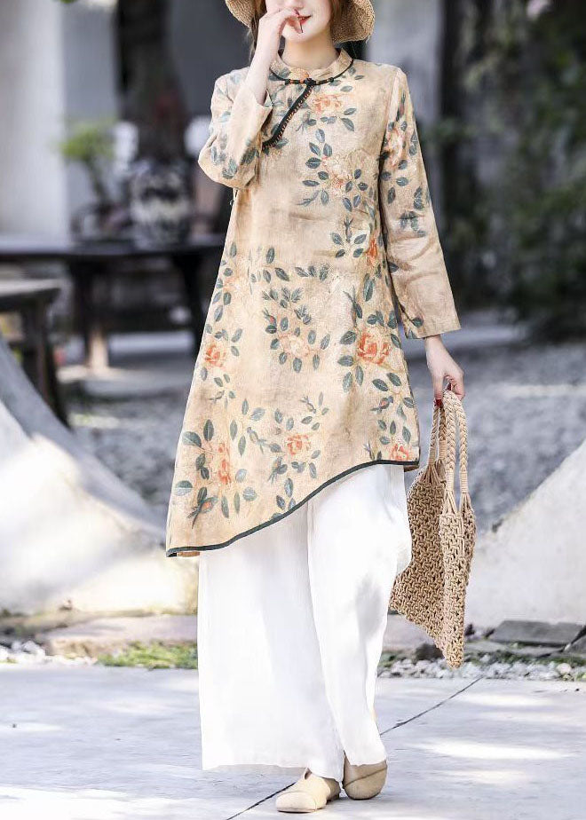 Natural Blue O-neck Asymmetrical Print Linen Dresses Spring