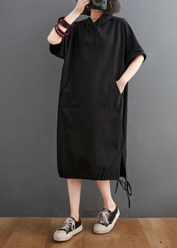Black Hooded Pockets Mid Summer Cotton Dress
