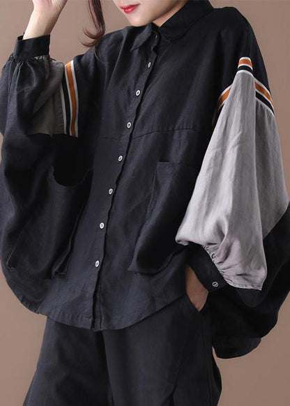 Black Button Pockets Patchwork Cotton Shirt Batwing Sleeve