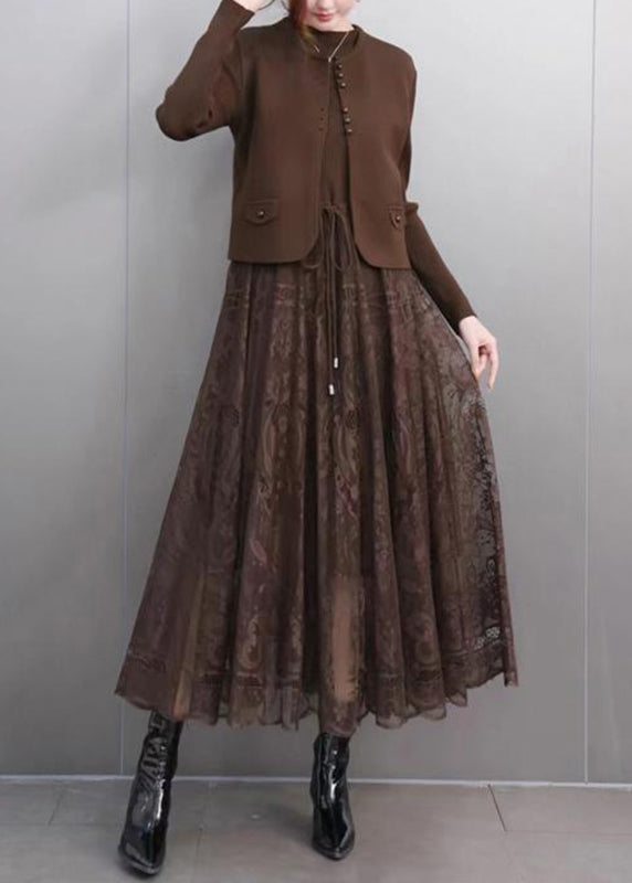 Coffee O-neck Waistcoat and Lace Maxi Skirts Two Pieces Set Spring