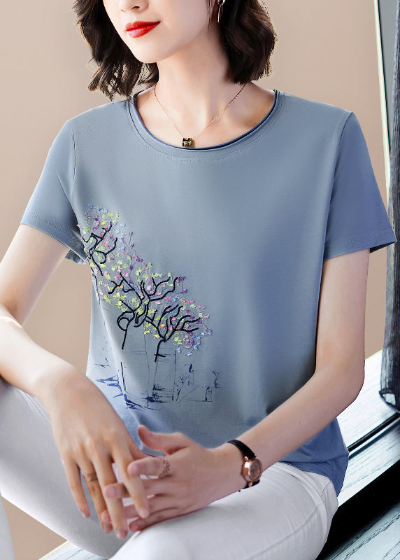 Italian Light Blue O-neck Embroideried Modal Cotton Tank Tops Short Sleeve