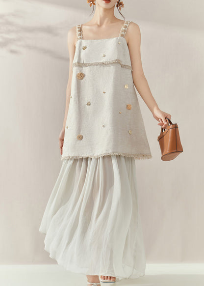 Loose Slash Neck Patchwork Vest and Skirts Two Pieces Set Summer