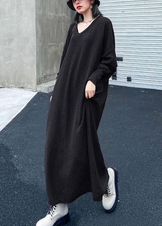 French Black V Neck Knitting Cotton Fall Knit Dress