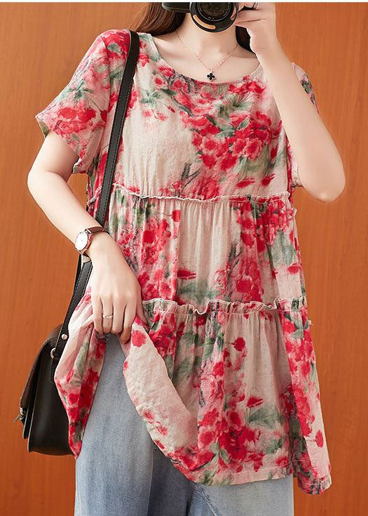Red Ruffled Print Cotton a Line Top Short Sleeve