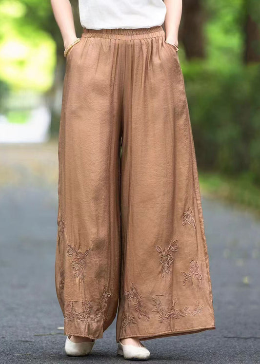 Handmade Brown Elastic Waist Pockets Silk Pants Summer