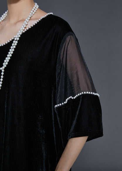 Black Oversized Patchwork Nail Bead Silk Velour Dress Spring