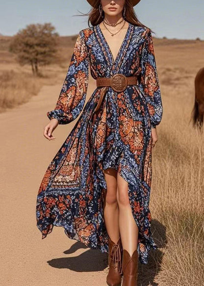 Blue V Neck Asymmetrical Design Chiffon Long Dresses Lantern Sleeve