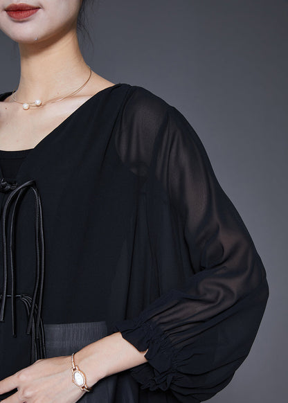 Black Tasseled Chinese Button Chiffon Blouses Bracelet Sleeve