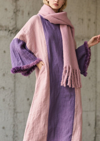 Colorblock Fuzzy Fur Patchwork Cotton Dress Fall
