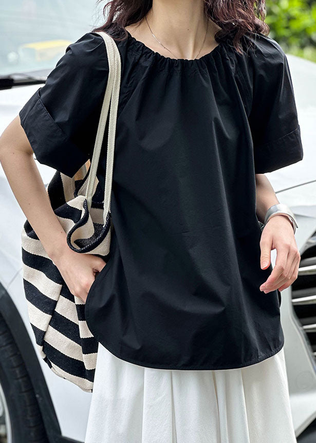 Black Side Open Cotton Tops O Neck Short Sleeve