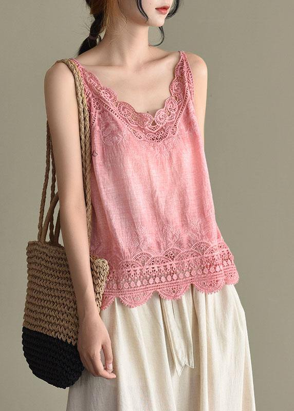 Pink Embroideried Lace Hollow Out Summer Cotton Vest Sleeveless