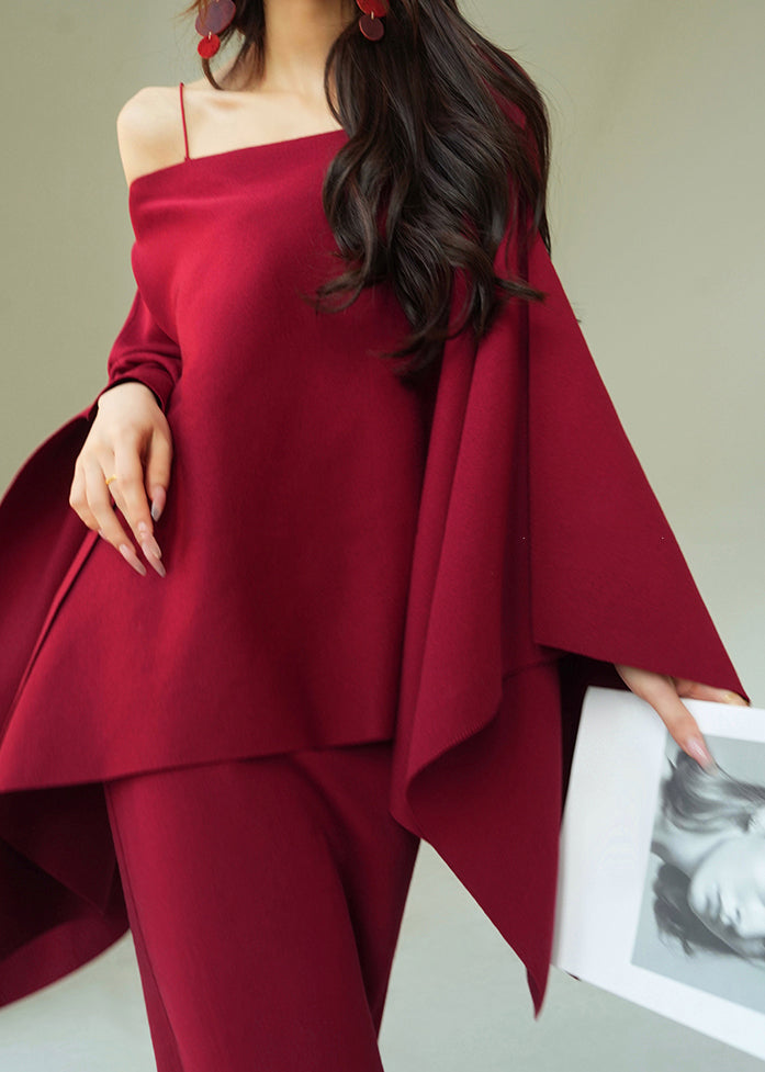 Art Red O-neck Coat and Spaghetti Strap Dress Knit Two Piece Set Fall