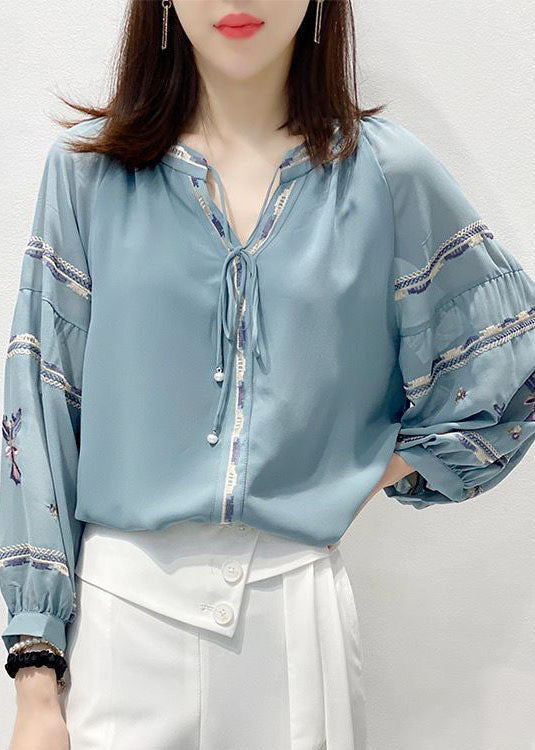 Blue Embroideried V Neck Chiffon Shirt Top Three Quarter Sleeve