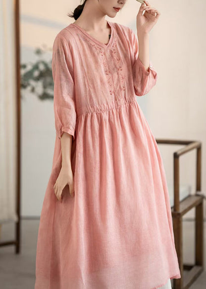 Pink V Neck Patchwork Linen Dresses Summer