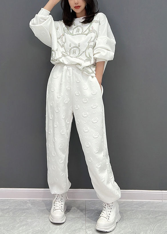 White Oversized Bear Jacquard Cotton Two Piece Set Fall