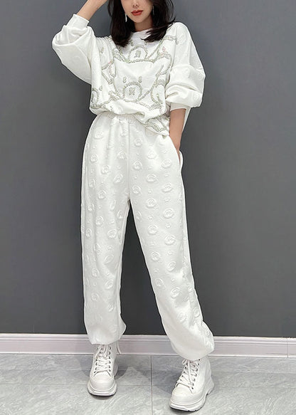 White Oversized Bear Jacquard Cotton Two Piece Set Fall
