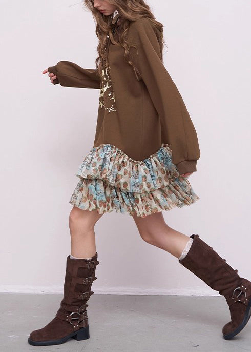 Brown Oversized Patchwork Cotton Sweatshirts Dress Fall