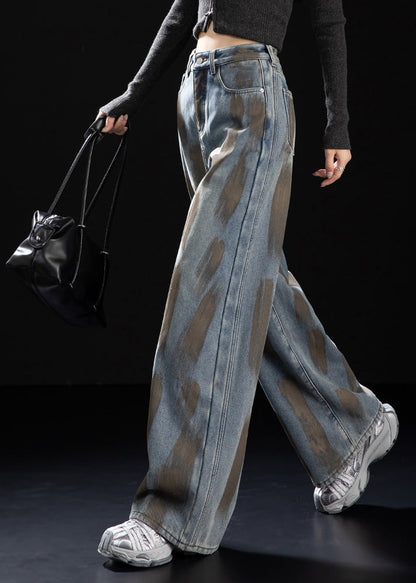 Navy Oversized Painting Warm Fleece Denim Pants Winter