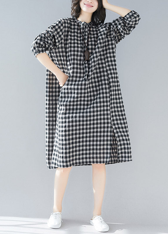 Black White Plaid Stand Collar Pockets Side Open Linen Dresses Long Sleeve