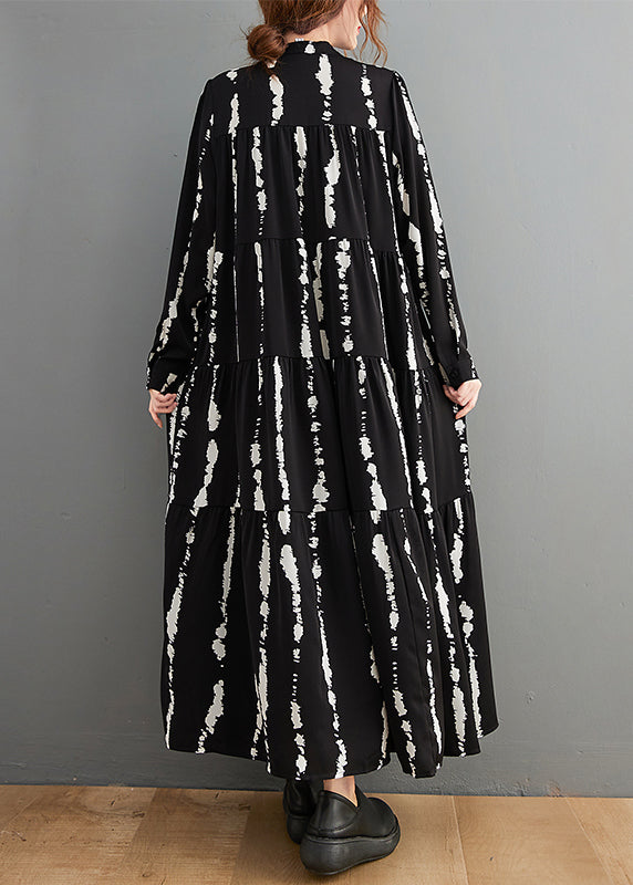 Black Stand Collar Print Button Maxi Shirts Dresses Fall