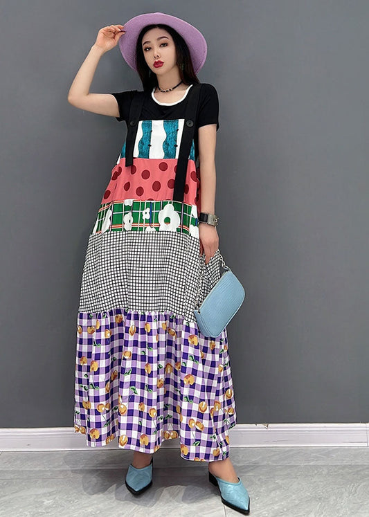 Purple O-neck Patchwork Print Cotton Strap Long Dresses Short Sleeve