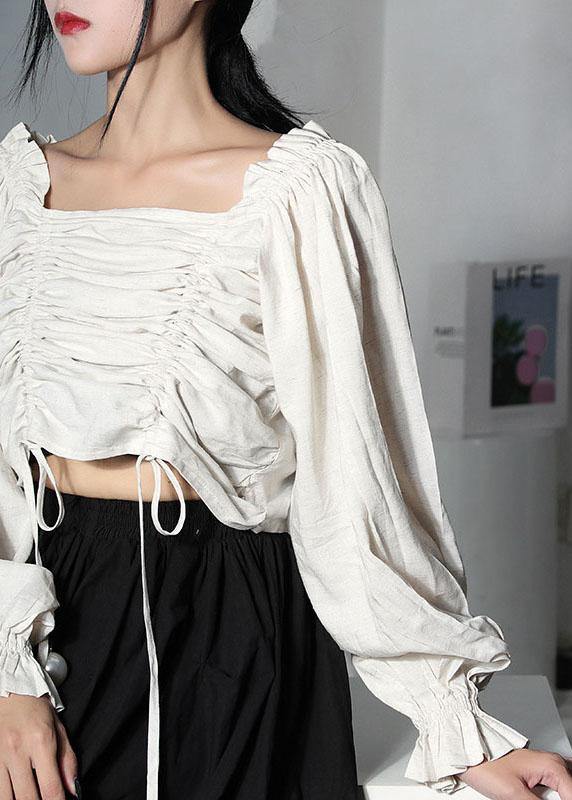 Unique Beige Cinched Lantern Sleeve Cotton Summer Shirts
