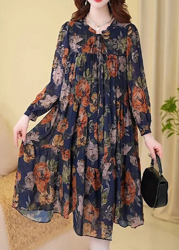 New Navy Print Wrinkled Cotton Long Dresses Long Sleeve Fall