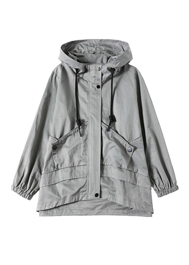 Gray Patchwork Zippered Button Pockets Cotton Hooded Coats Long Sleeve