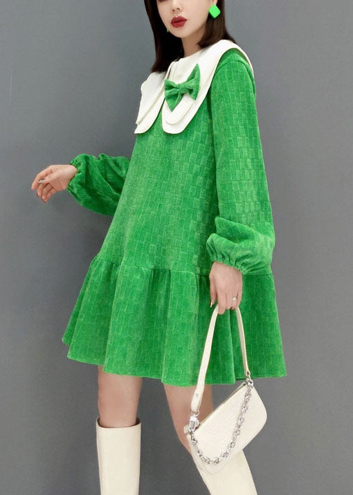 Green Peter Pan Collar Bow Plaid Velour Dresses Spring
