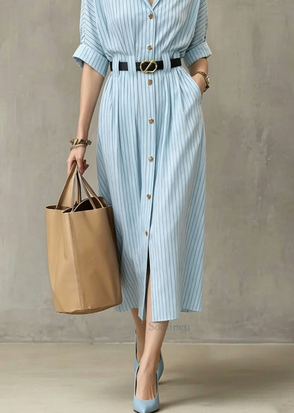 Blue V Neck Striped Pockets Cotton Dresses Summer