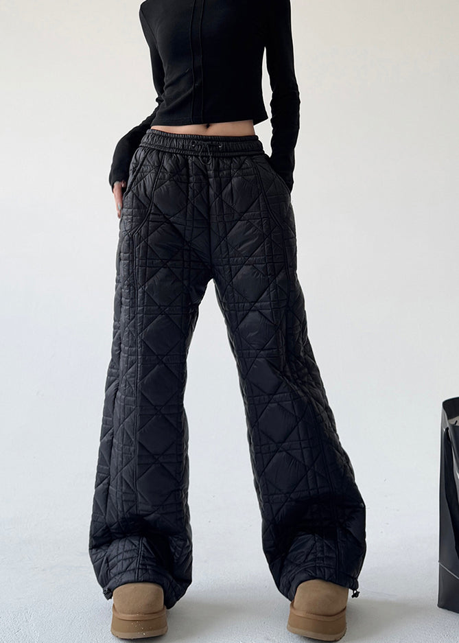 Diy Black Elastic Waist Plaid Fine Cotton Filled Pants Spring