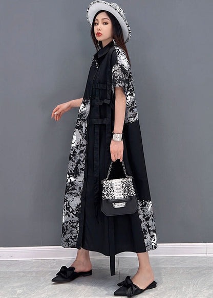 Black Peter Pan Collar Print Cotton Shirt Dress Short Sleeve