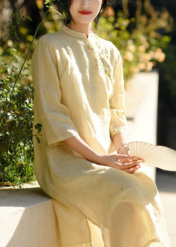 Classy Yellow Embroideried Button Linen Dresses Bracelet Sleeve
